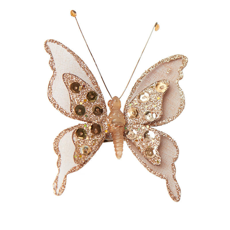 Set of 4 Brown Sequined and Glitter Artificial 3-1/2″ Butterflies with Clips