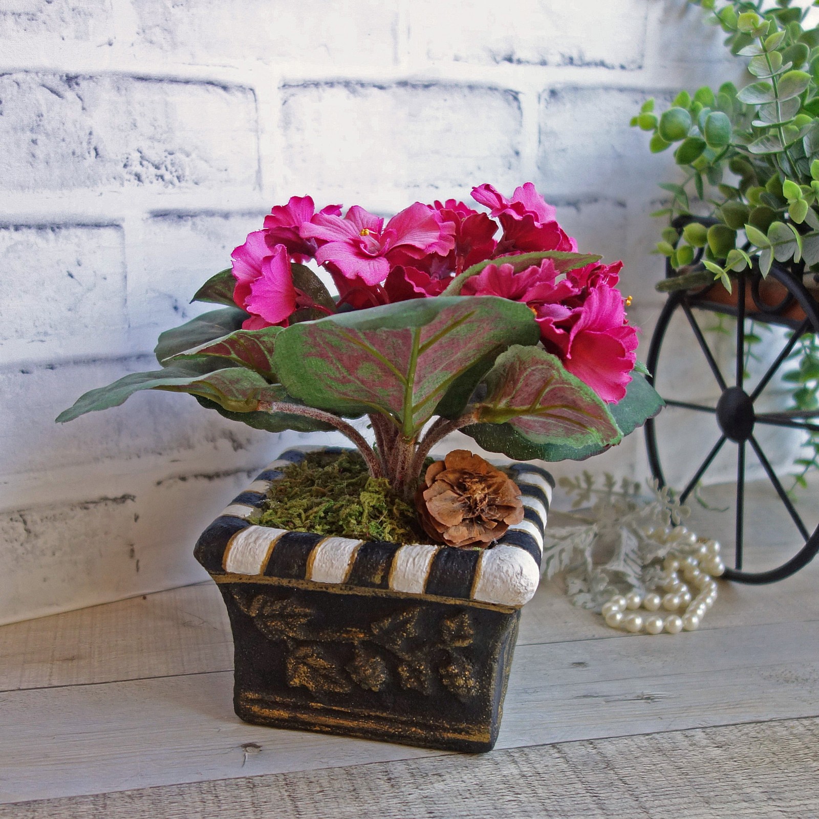 Black White Checked Flower Pot Floral Arrangement Checked Urn Checked Planter