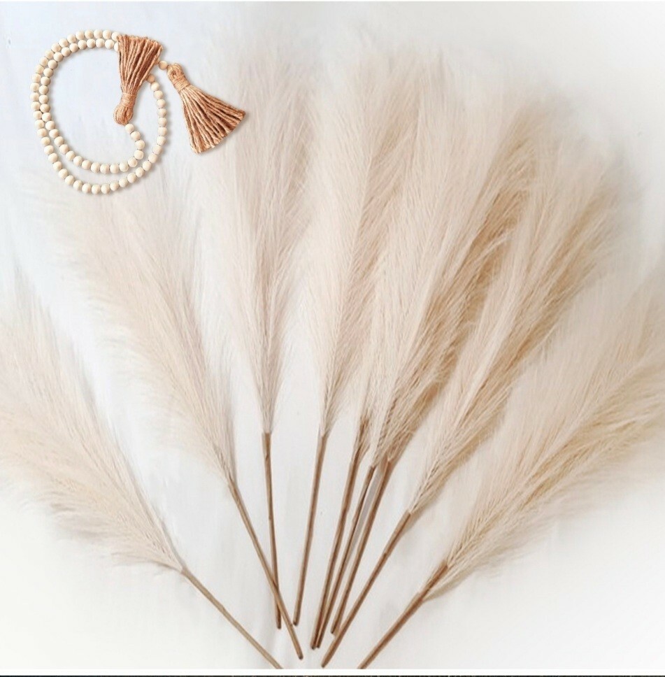 Faux Pampas Grass 10 Pcs with Farmhouse Beads, Home Decor, Small Pompous Grass