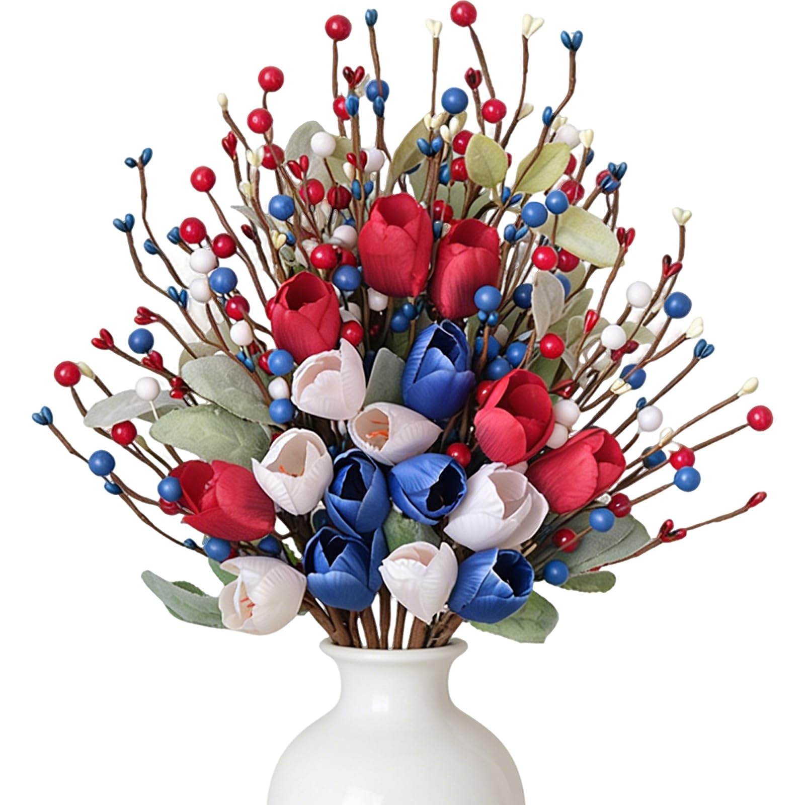 6 Pcs Patriotic Floral Stems with Sage Lamb’s Ear, Red White Blue Berries & T…