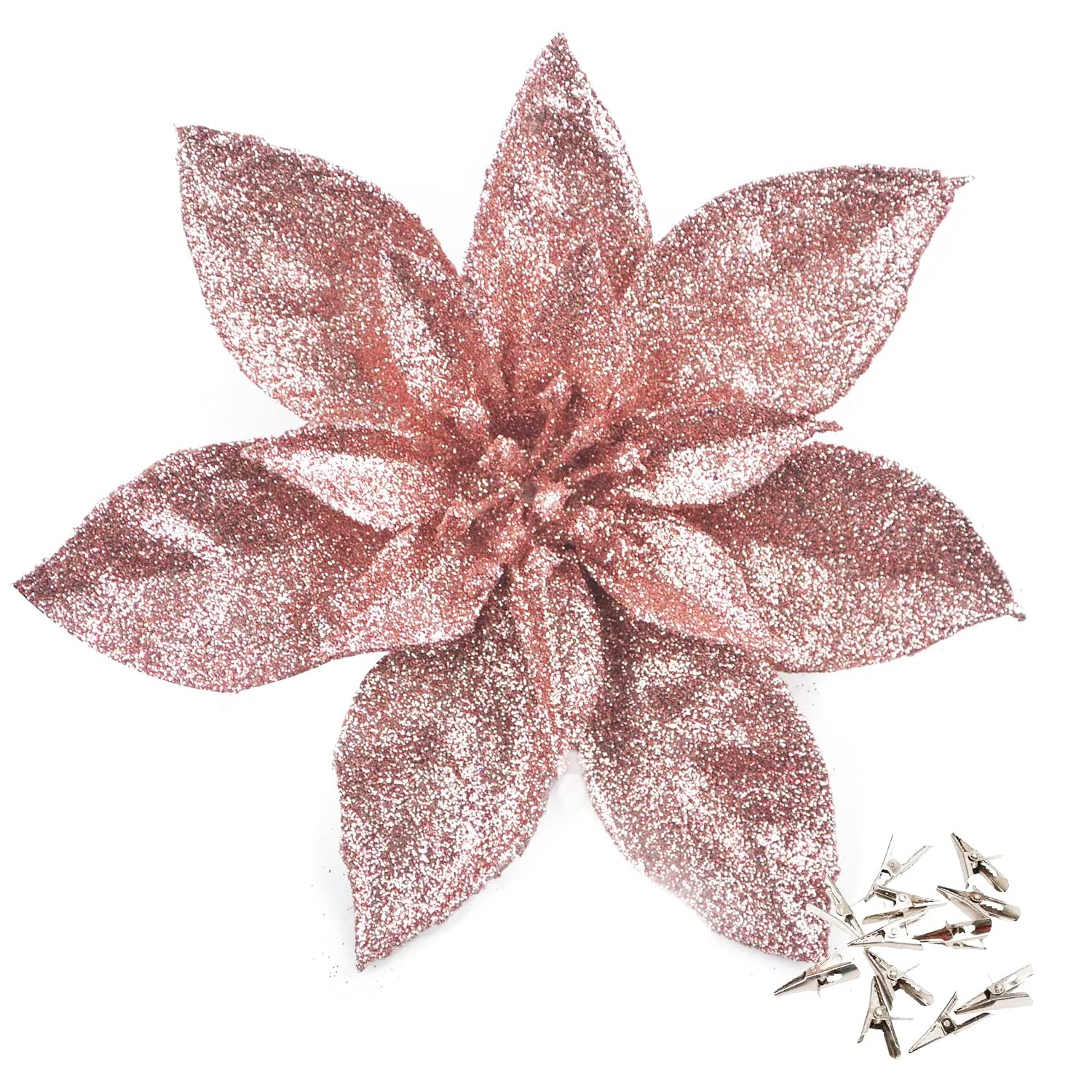 GL-Turelfies 12 Pcs Glitter Christmas Flowers(16cm/6.3’’) with 12 Pcs Clips A…