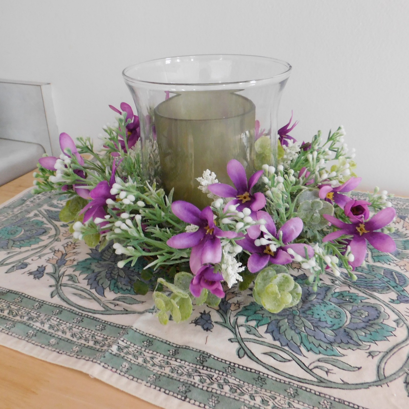 Dusty Miller Mini Wreath Eucalyptus Purple Flowers Candle Ring