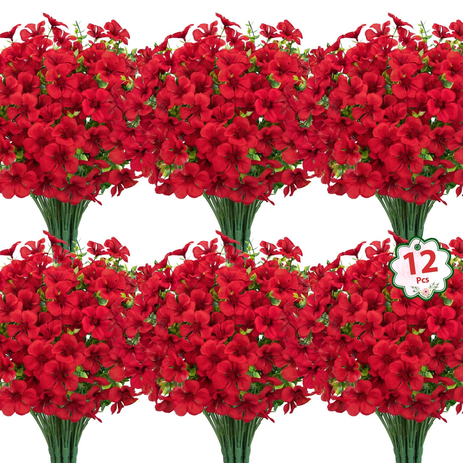 12 Pcs Artificial Geranium Flowers for Outdoors, Silk Fake Flowers with Eucal…