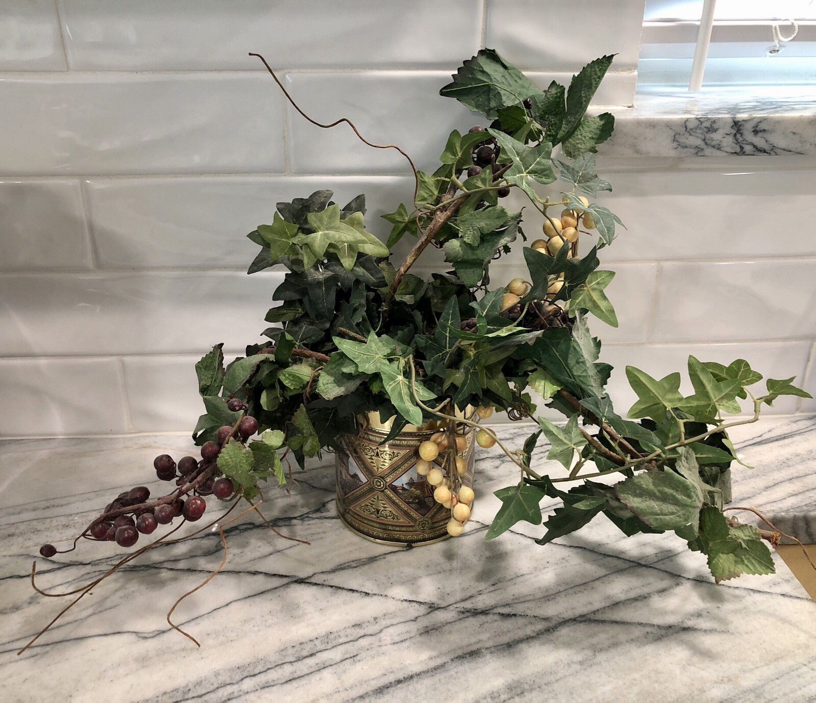 Artificial/Faux Floral & Mixed Greenery/Berries Arraignment W/Brass Container