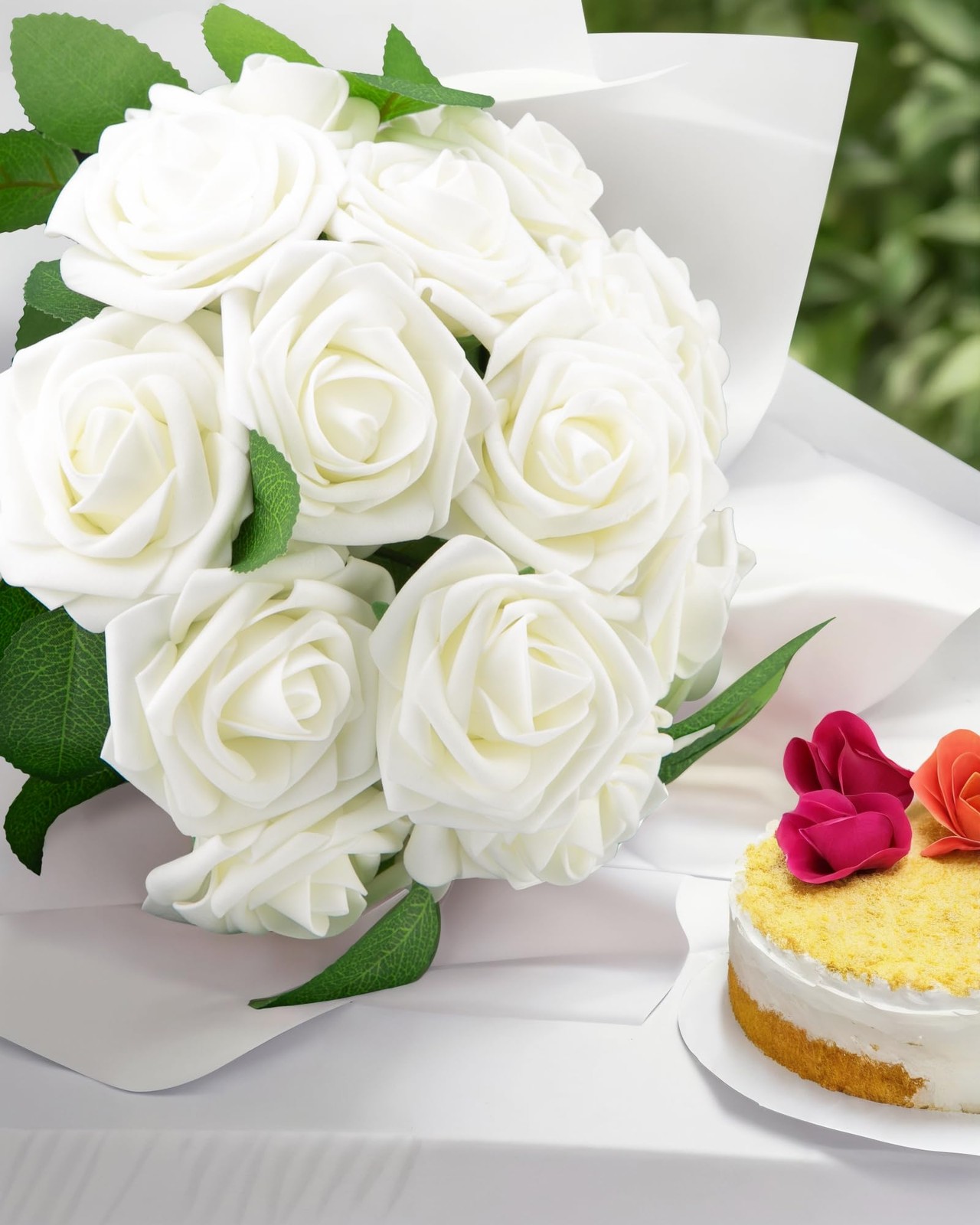100Pcs Artificial Flower White Fake Rose for Wedding Centerpiece