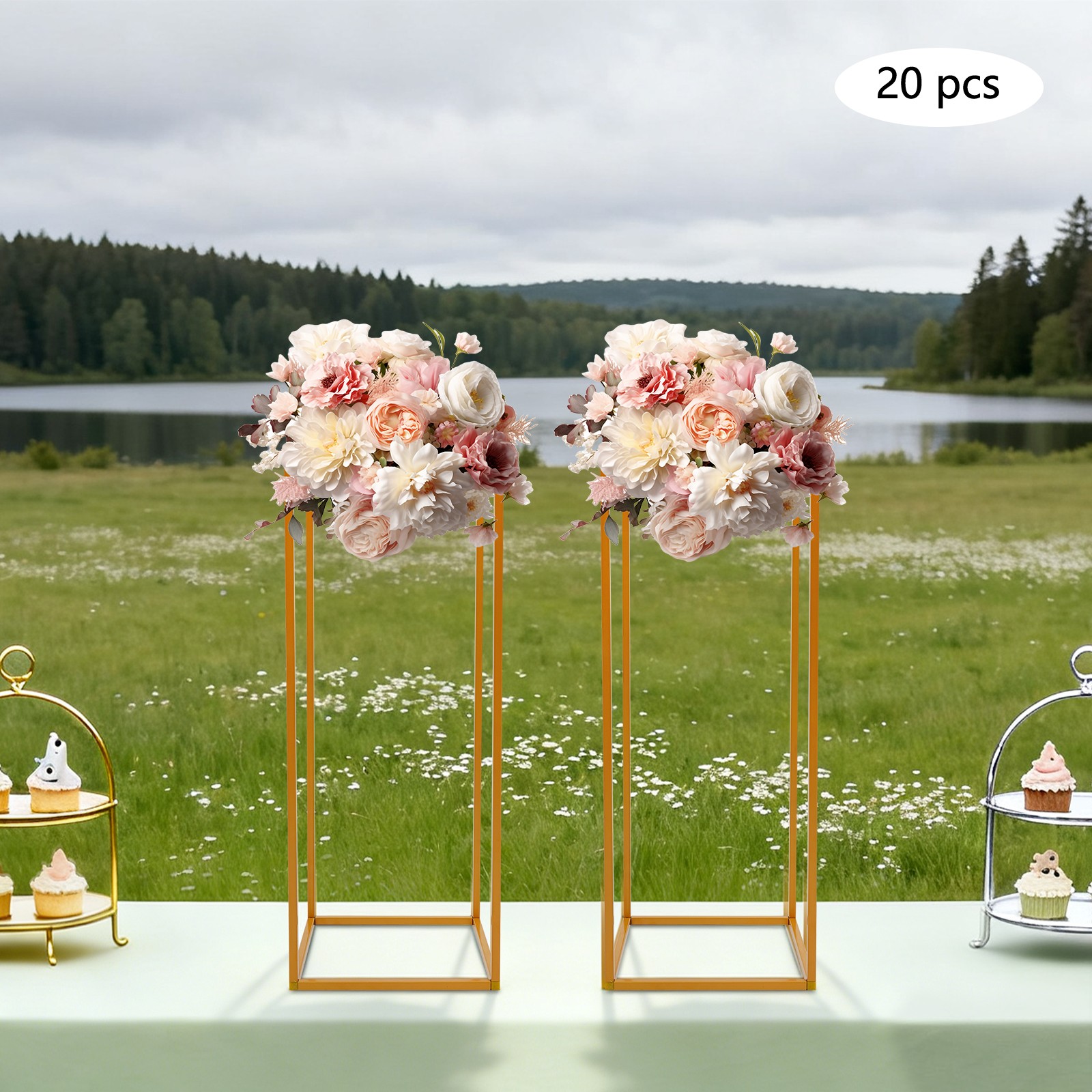 20Pcs Gold White Wedding Flower Stands, Rectangular Floral Table Decorations