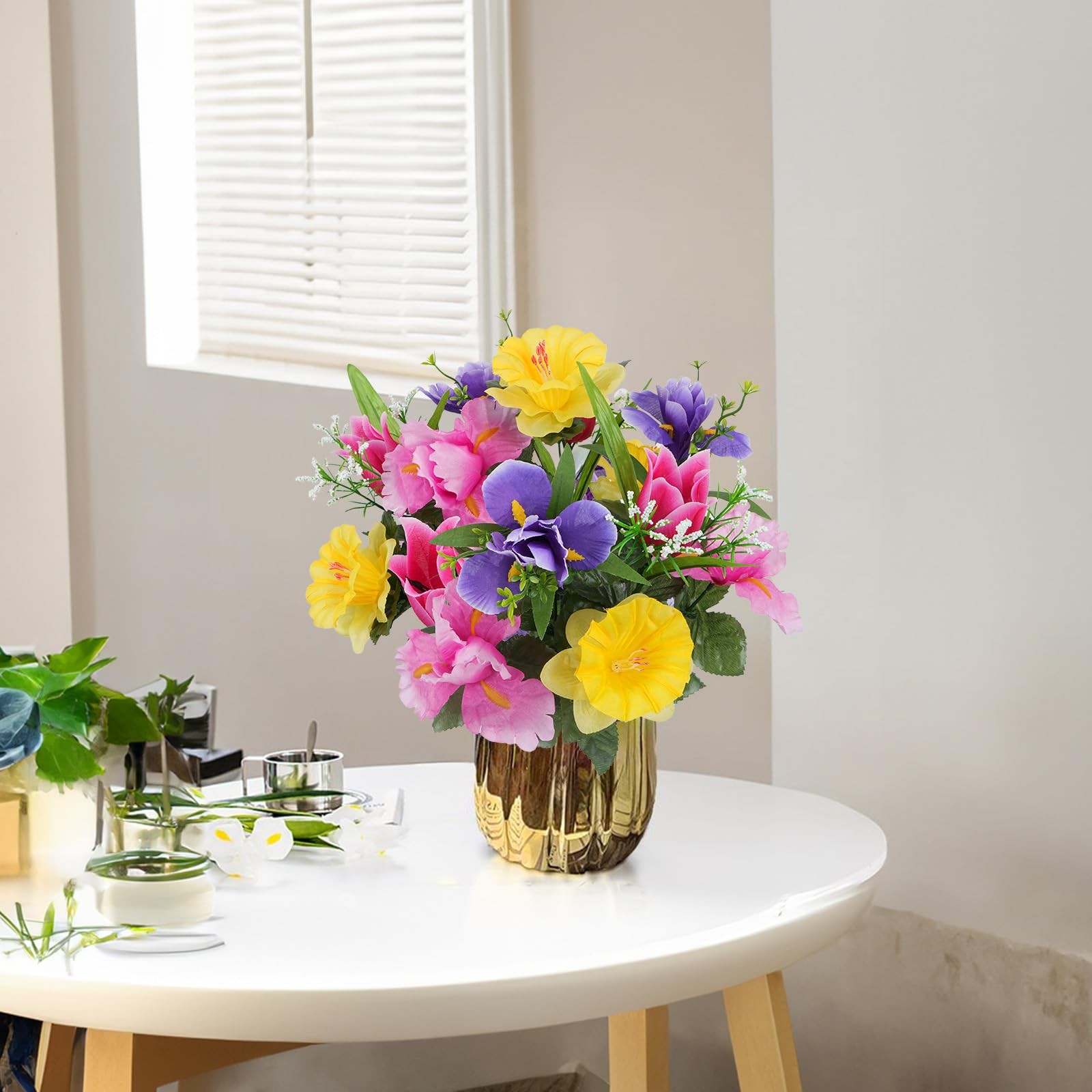 HO2NLE 14 Stems Artificial Daffodils Flowers Bouquet Mixed Fake Tulips Flower…