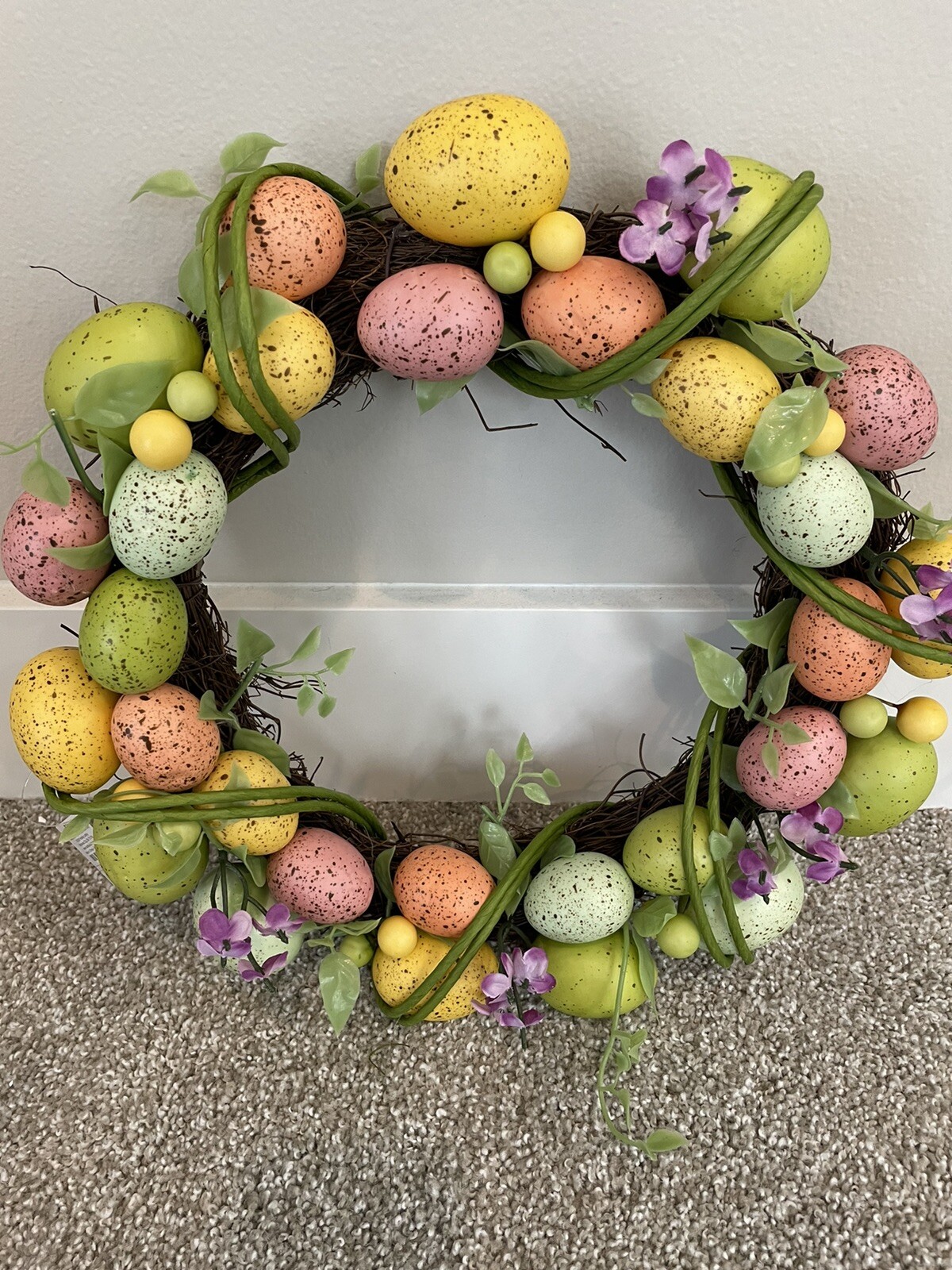 Easter Wreath Grapevine Speckled Wall Decoration 15″ Dia Flowers NEW!