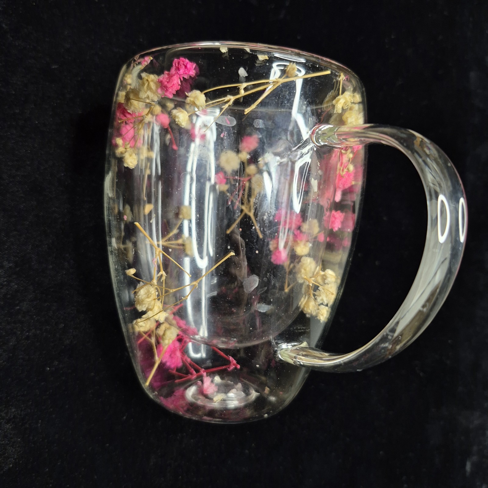 Dried Flower Glass Mug – Double Wall Clear Coffee Tea Cup – Botanical Floral