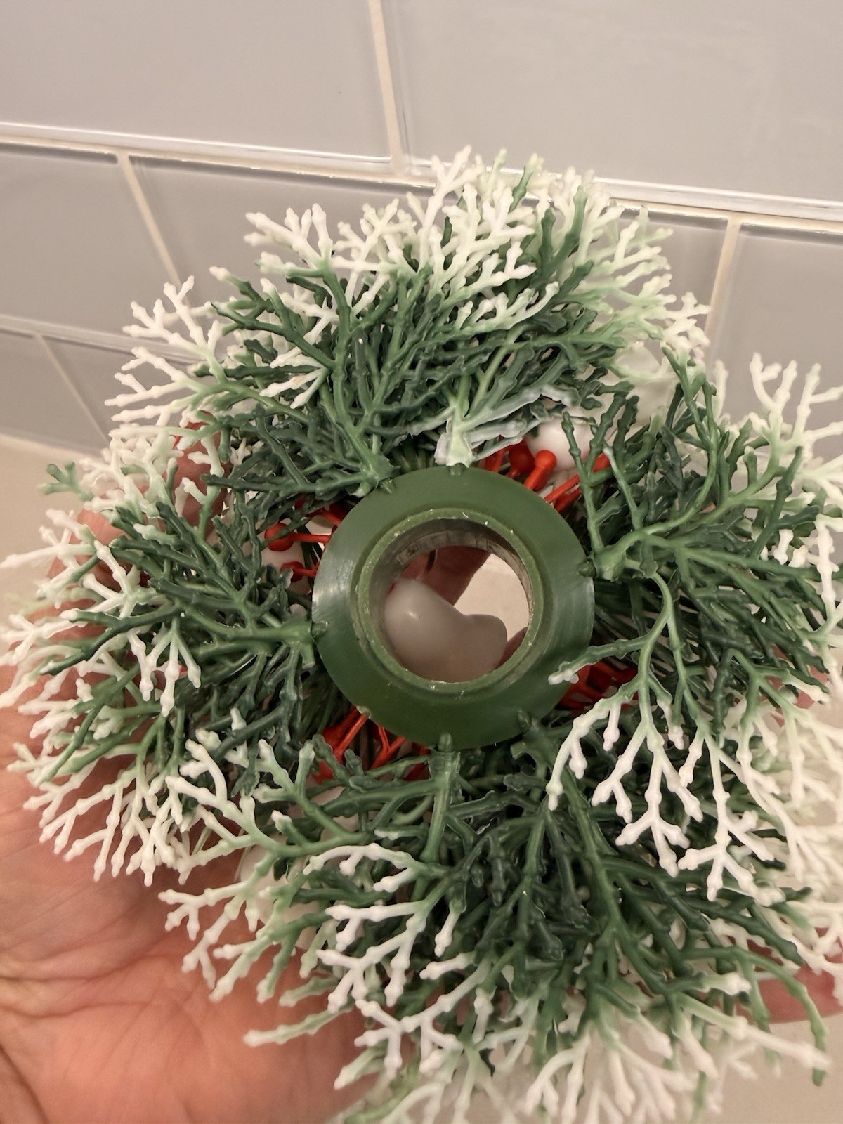 2- Vintage MCM Plastic Christmas Winter Greenery White Bells Floral 4.5 Round