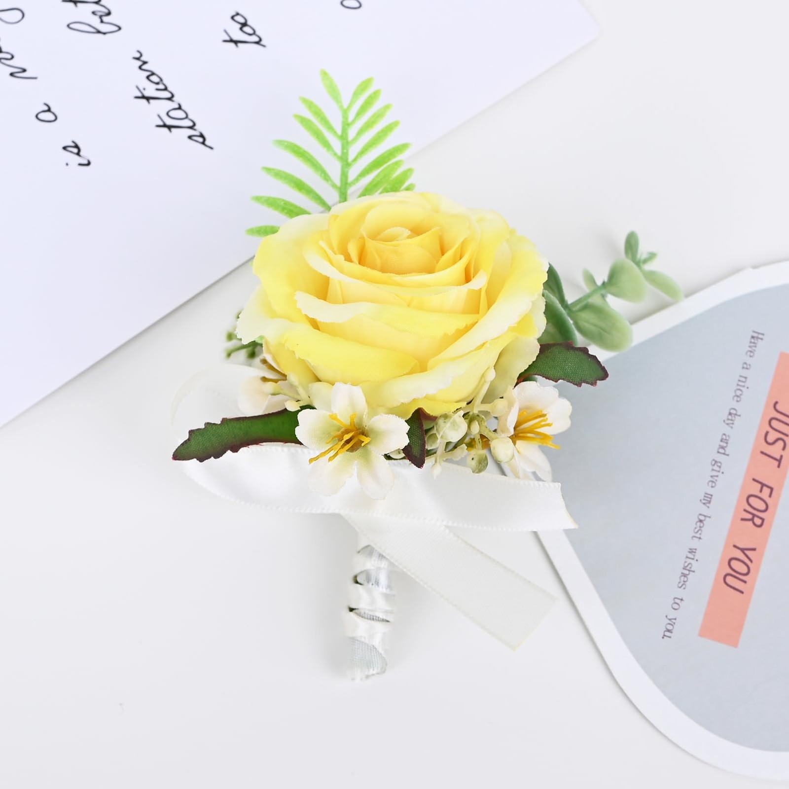 2 Pieces Artificial Flower Wrist Corsage and Boutonniere Set Yellow Wedding