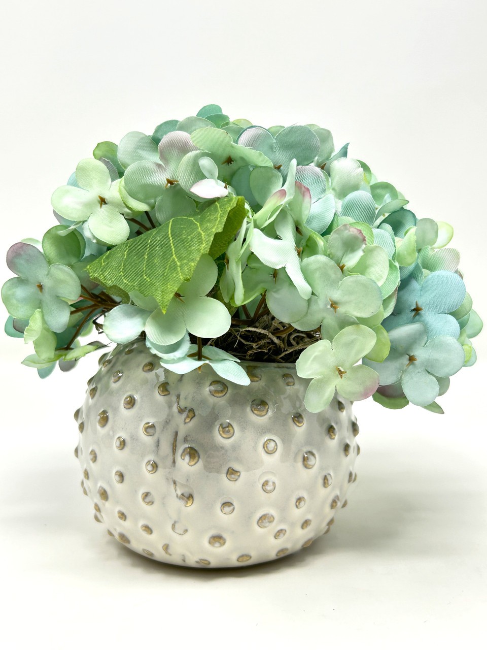 Mini 5.5″ Artificial BLUE-GREEN HYDRANGEA faux Silk flower potted in Cream Dot C