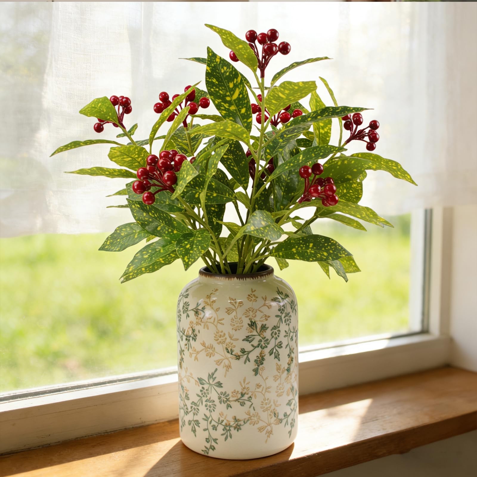 3 Pcs Artificial Greenery Plants, 18″ Faux Christmas Red Berry Plants Stems f…