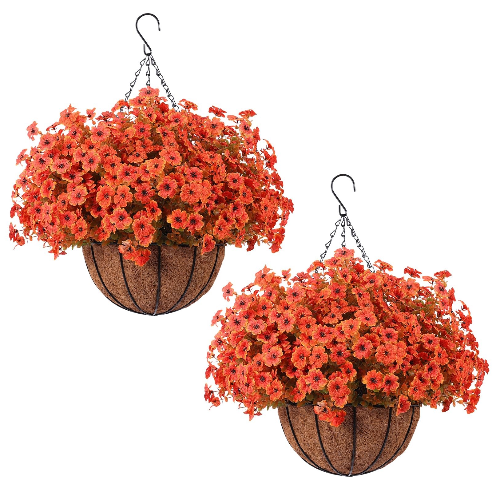 24 Pcs Artficial Outdoor Flowers with Hanging Baskets, Orange Fall mums 2 Pac…
