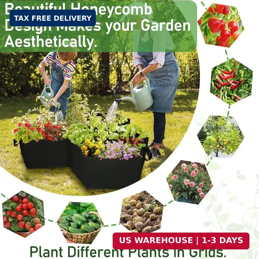 Large Fabric Raised Garden Bed Outdoor, Planter Raised Beds 3 Hexagonal Grids wi
