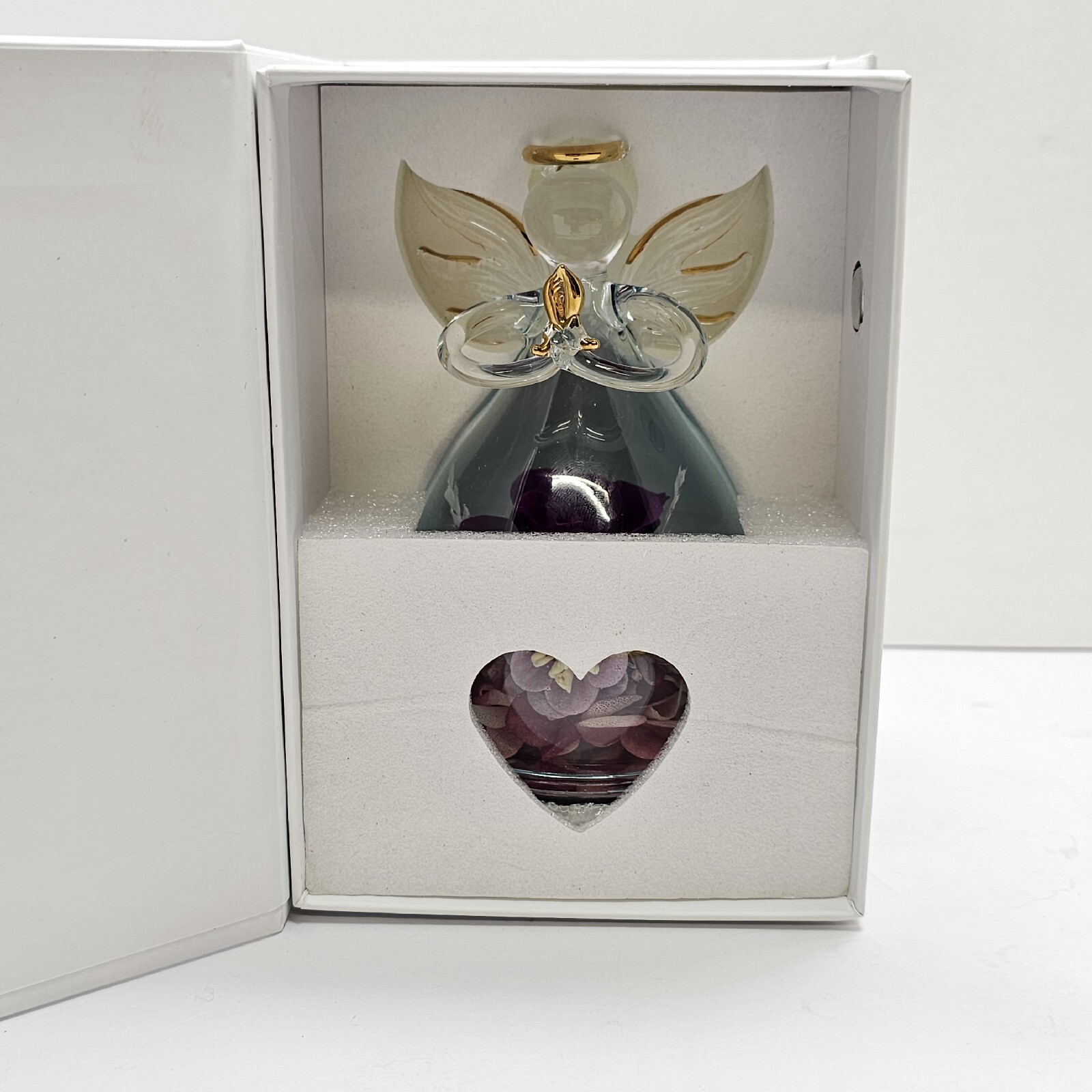 ANLUNOB Eternal Rose Glass Angel Figurine Purple Flower Hand Blown Sweetheart