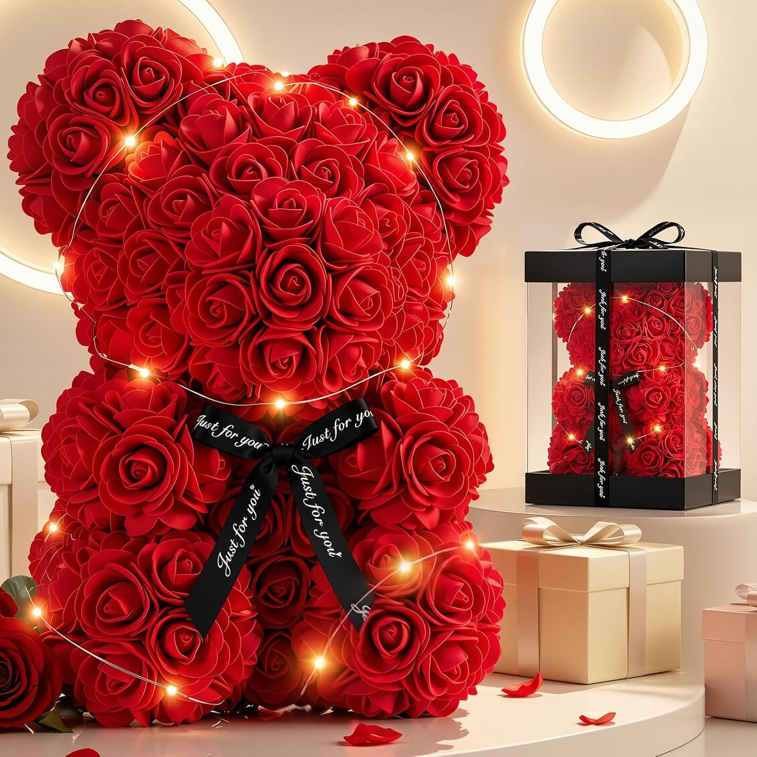 Preserved Artificial Roses Flowers Bear, Forever Women Gifts for Birthday Christ
