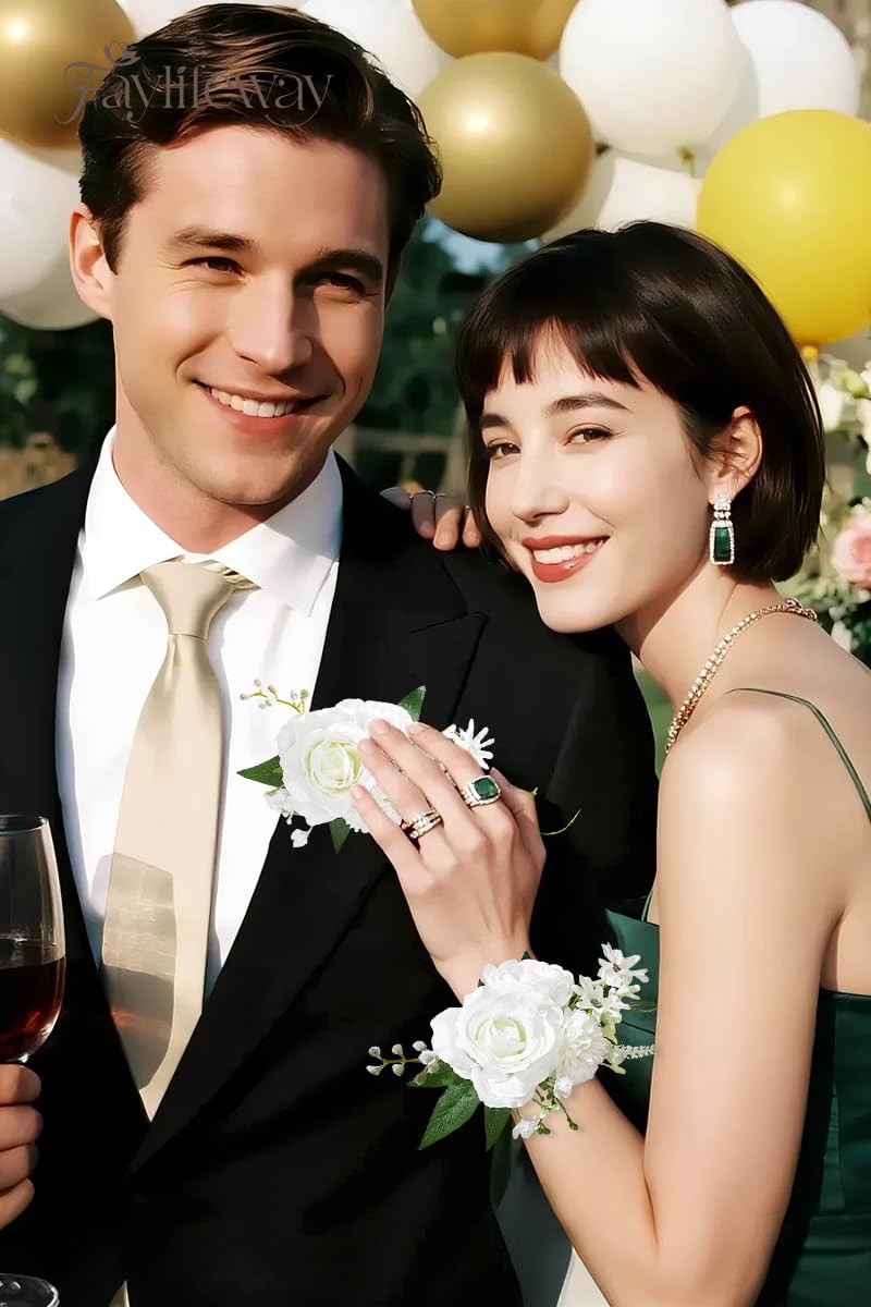 2 PCS White Rose Boutonniere & Wrist Corsage Set Wedding Prom Homecoming
