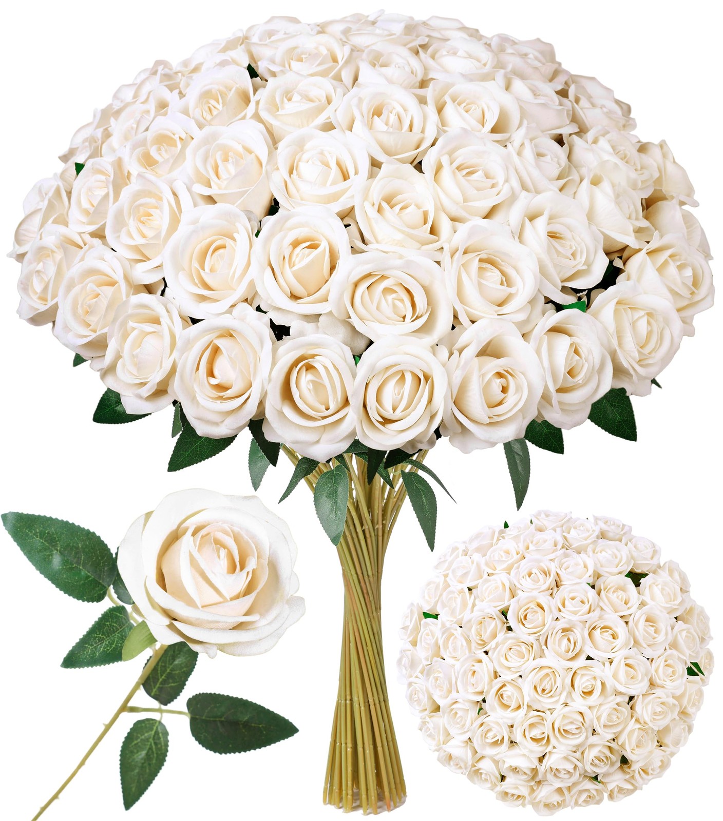 50 PCS Champagne Roses Artificial Flowers with Long Stems
