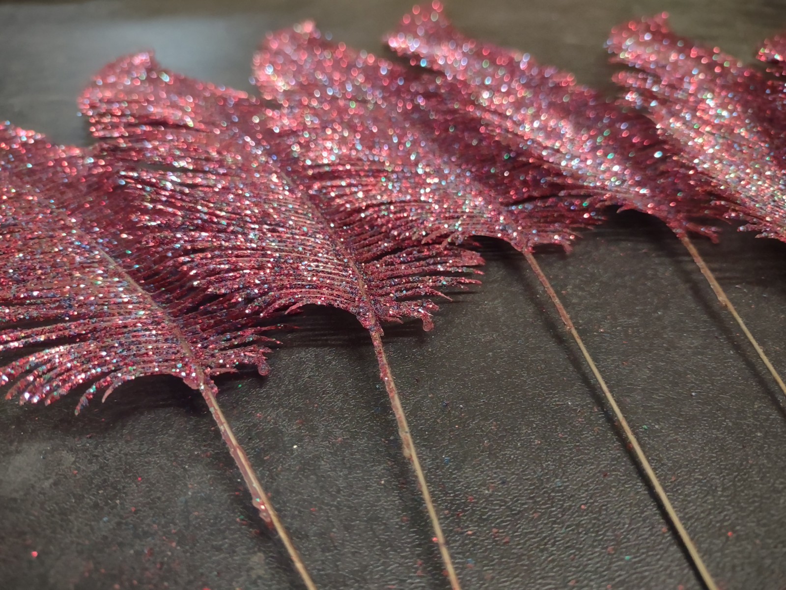 6 Pieces: Retro Plastic Feather Fern, Purple Red & Blue Glittered, Wired 15″