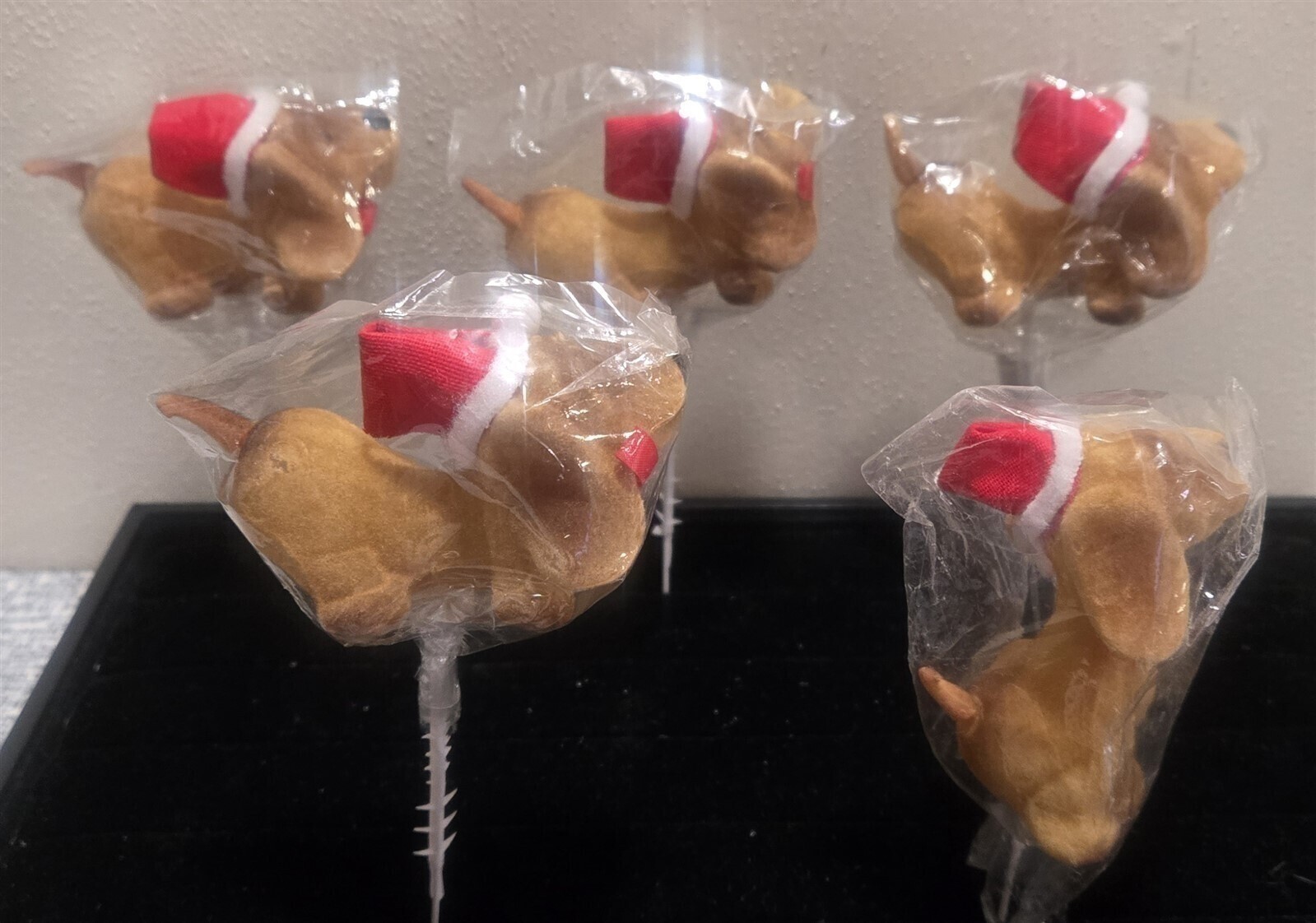 Vtg LOT of 5 Small FLOCKED DOG Wearing SANTA HAT Floral PICKS Christmas NOS