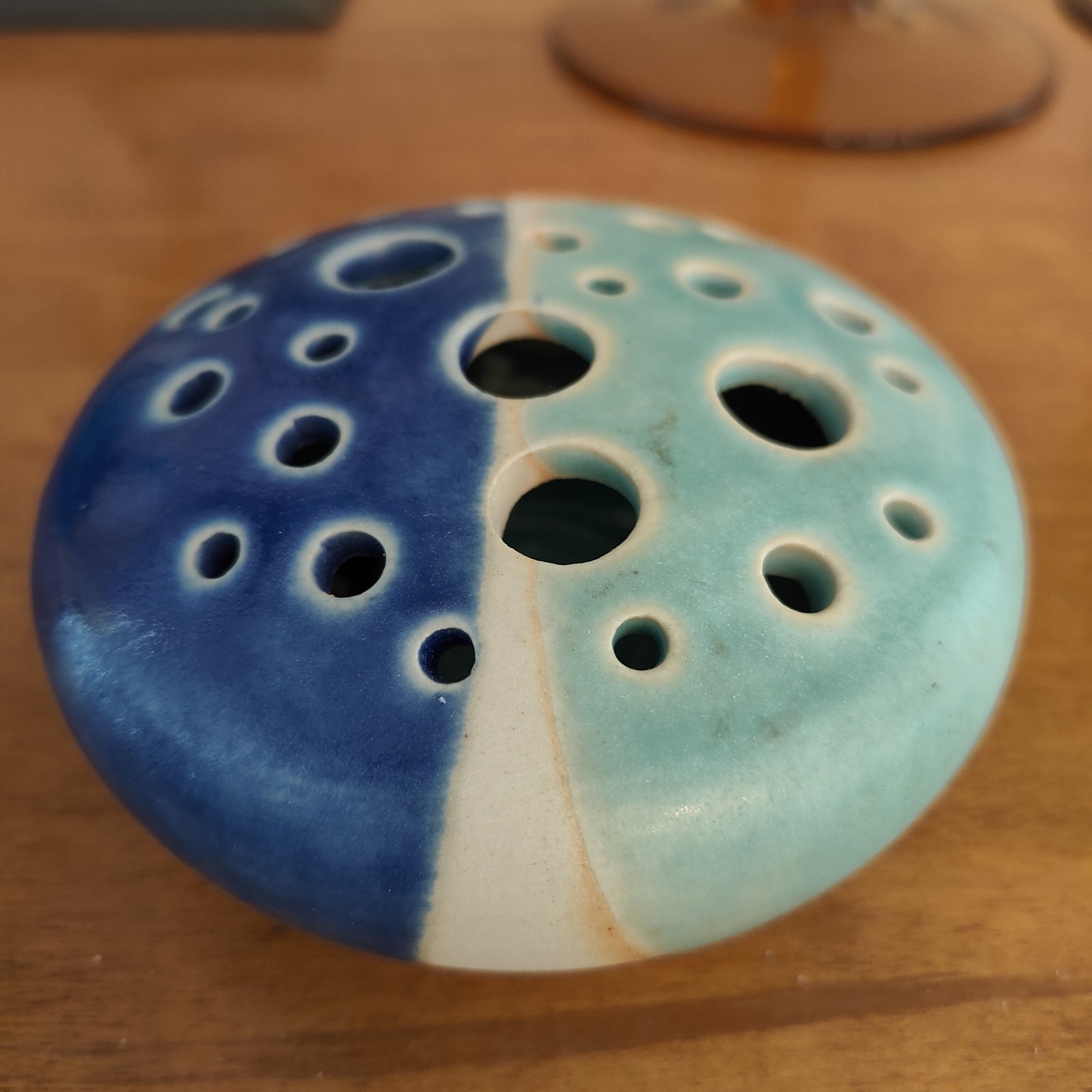 Töpferei Velte Allgau Germany Art Pottery Vase Flower Frog Handmade Blue Aqua