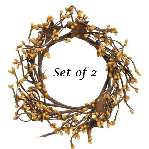 NEW PRIMITIVE Berry Wreath Candle Rings 2pc Rust Stars 4″ Old Gold Pips Rustic