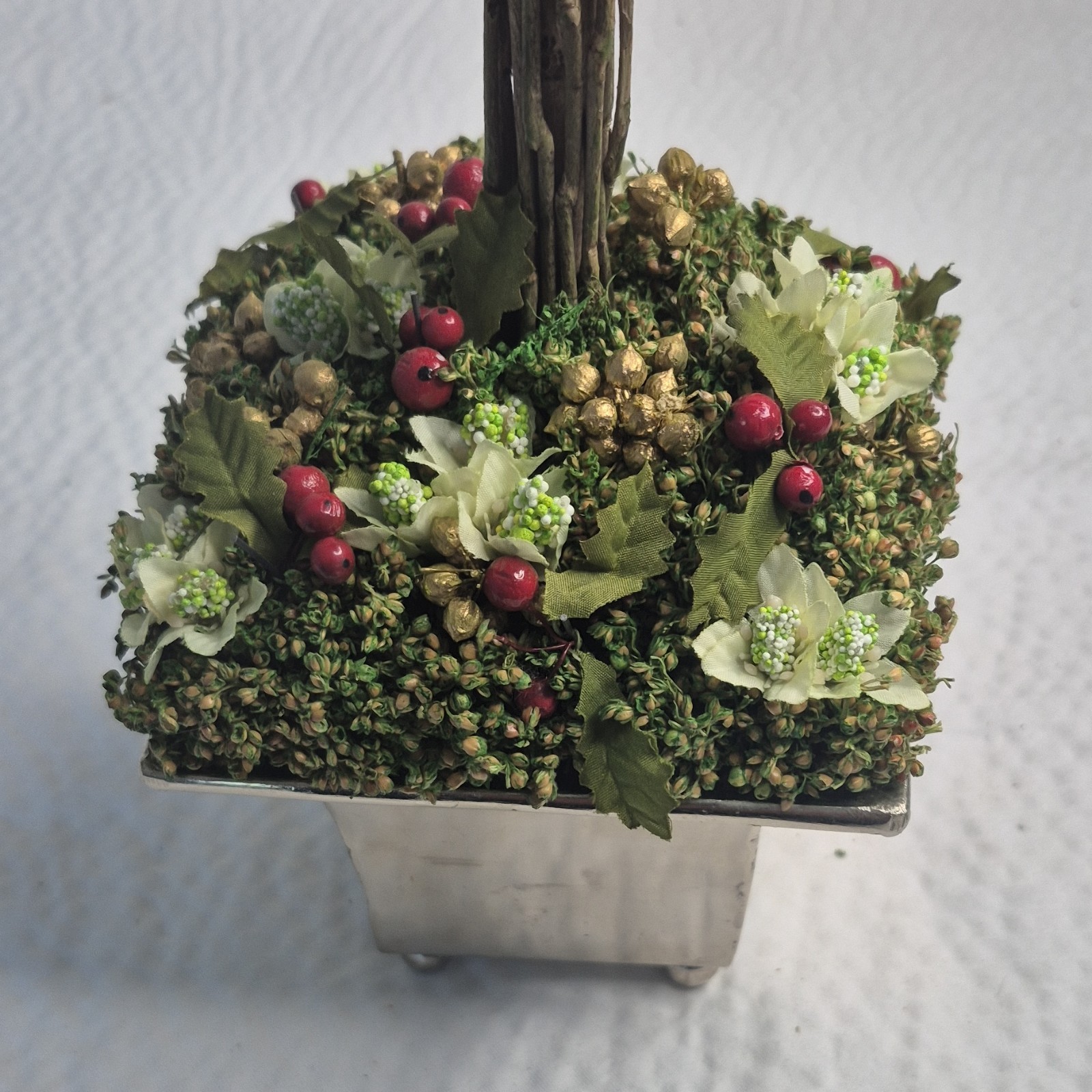 Artificial Double Ball Topiary in Silver Metal Planter Pot 11 in