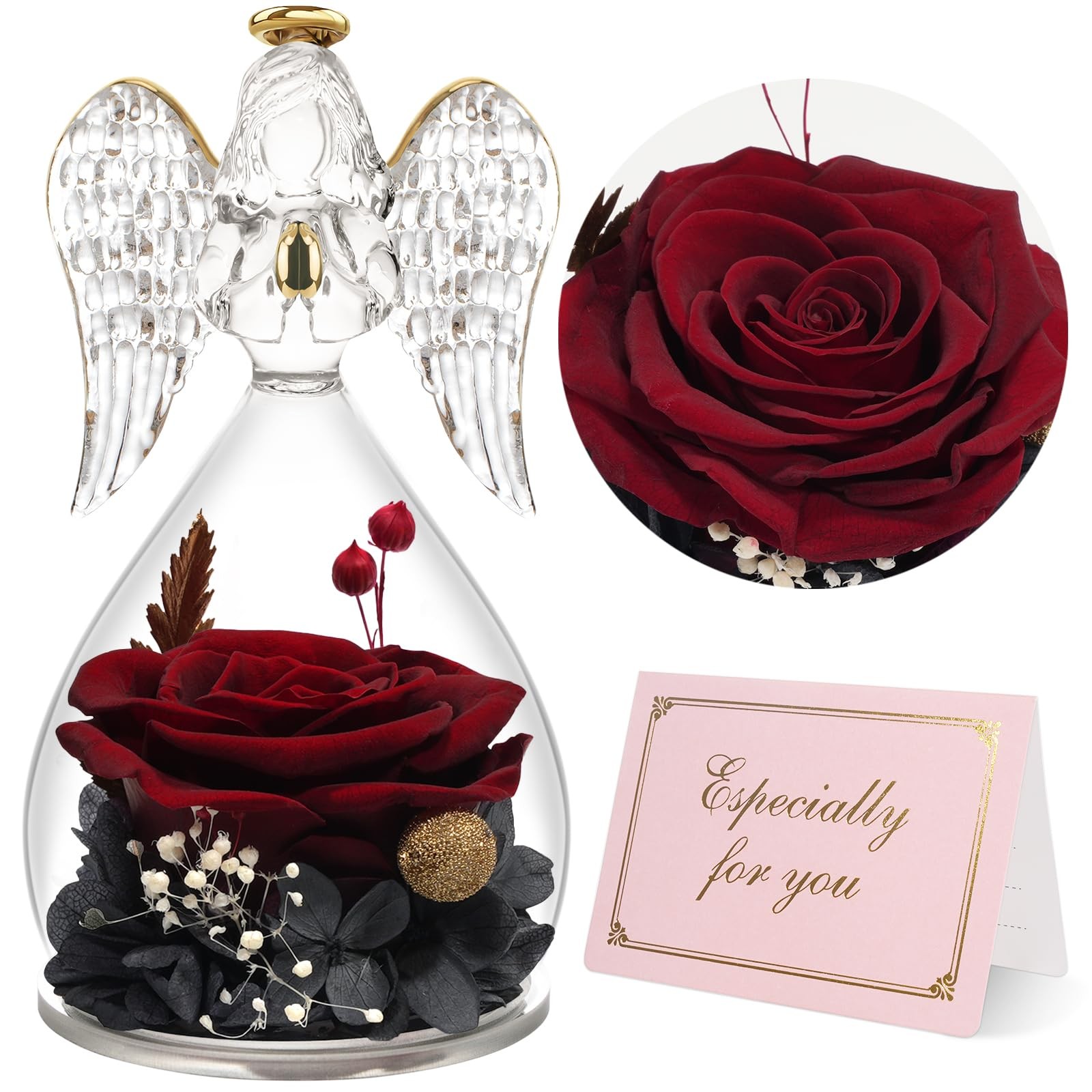 Angel Figurine with Real Preserved Rose Mom Birthday Mother’s Day Gift