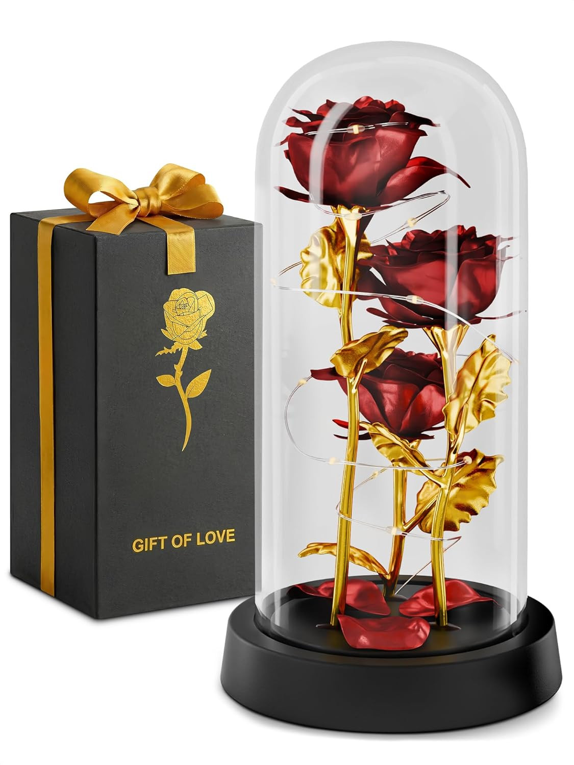 LED Light up Rose in Glass Dome in Gift Box for Mom & Grandma, Birthday Gifts fo