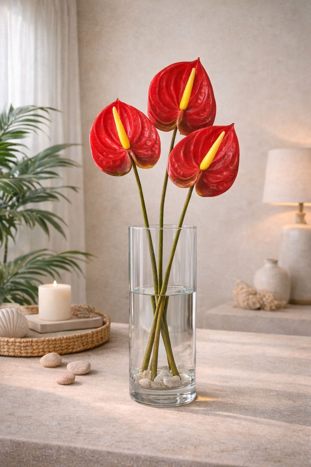 Red Artificial Anthurium Stems 23 Inch Faux Tropical Flowers Modern Home Decor