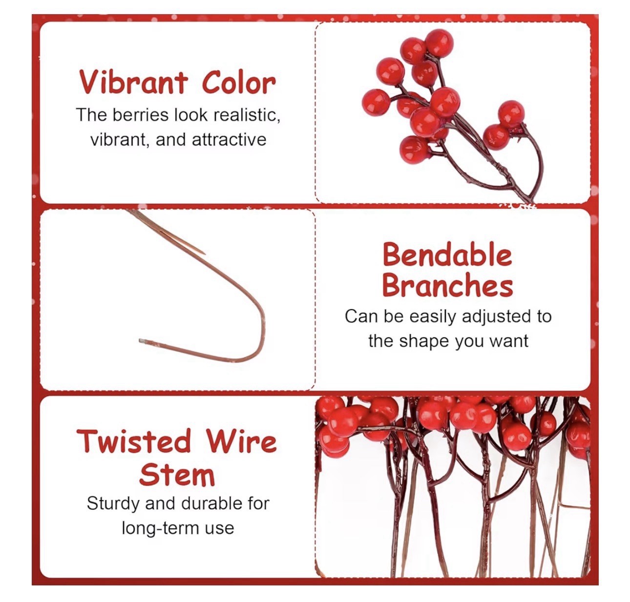 24 Pack 7.6 Inch Red Berry Stems, Holly Berry Stems, Artificial Red Berry Picks
