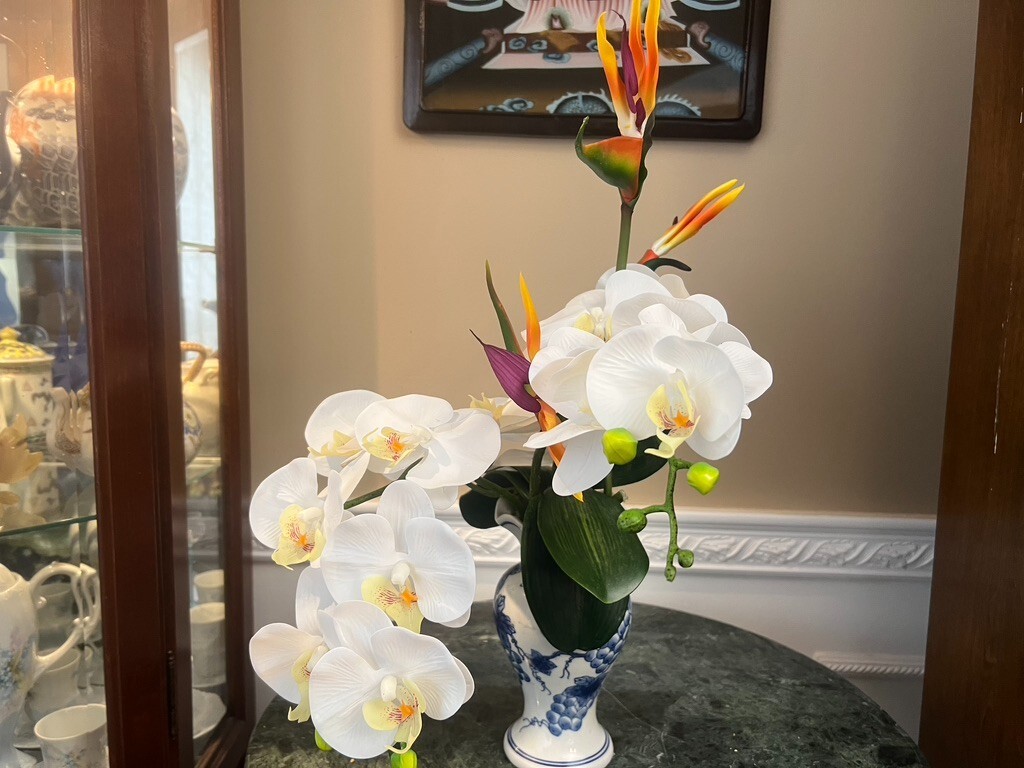 Floral Arrangement with Multi-Colored Silk Flowers in a Blue White Vase