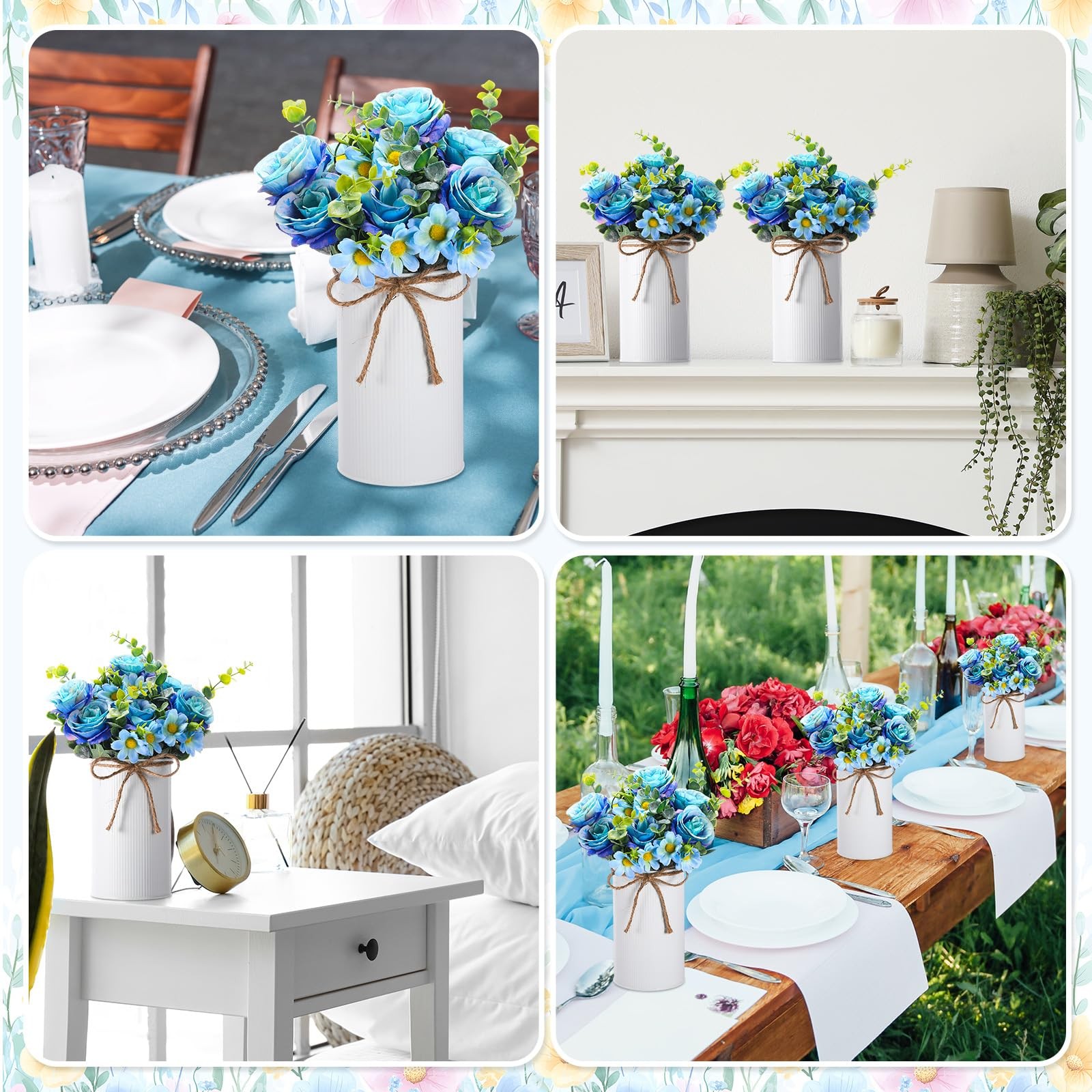 6 PCS Wedding Centerpiece Table Decor Blue Artificial Rose Flower Metal Vase
