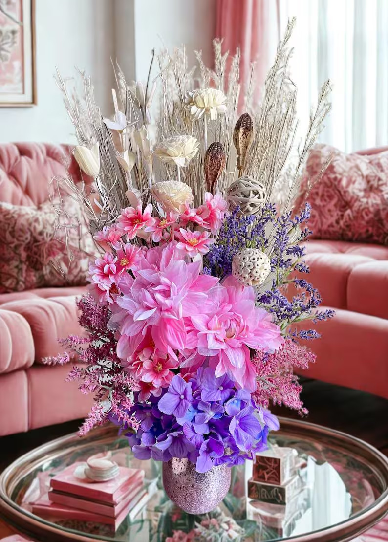 Large Pink & Purple Floral Arrangement: Shabby Chic Home Decor Table Centerpiece
