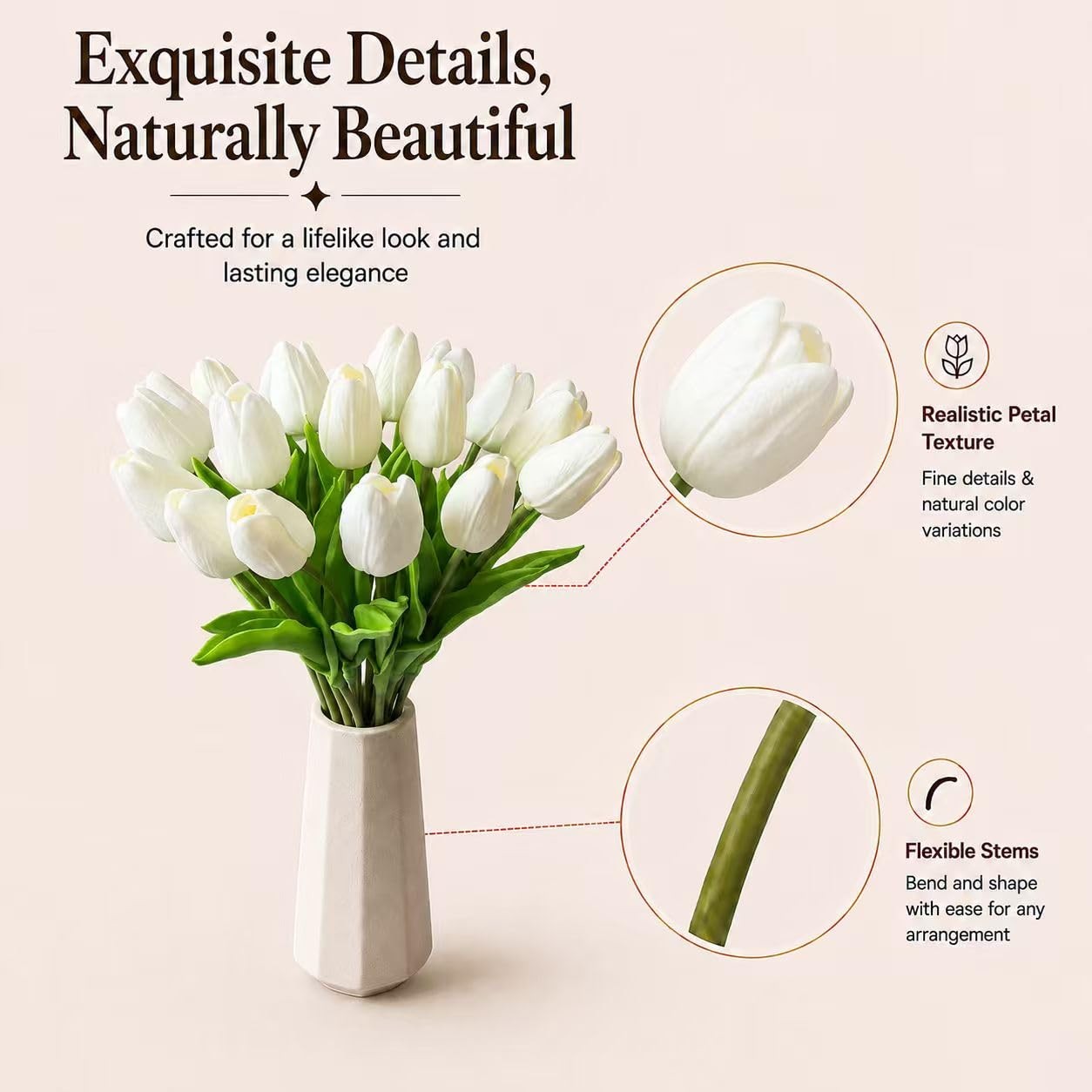 Artificial Tulips, White, 20pcs