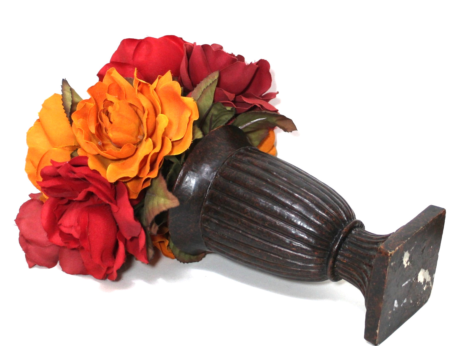 Vintage Urn Planter Brown Vase with Silk Flower Arrangement Red Roses