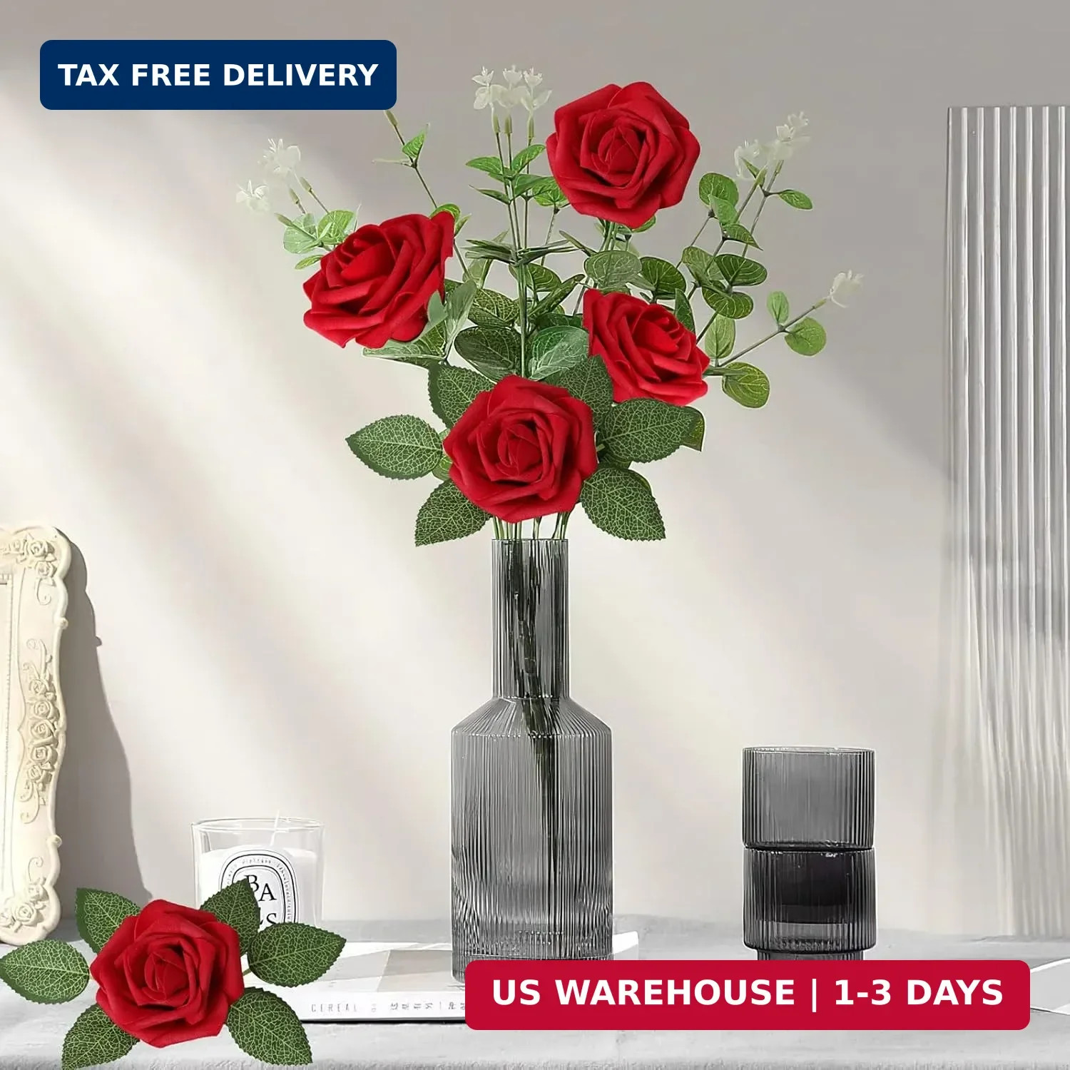 AmyHomie Artificial Flowers Dark Red Rose 25pcs Real Looking Fake Roses w/Stem f