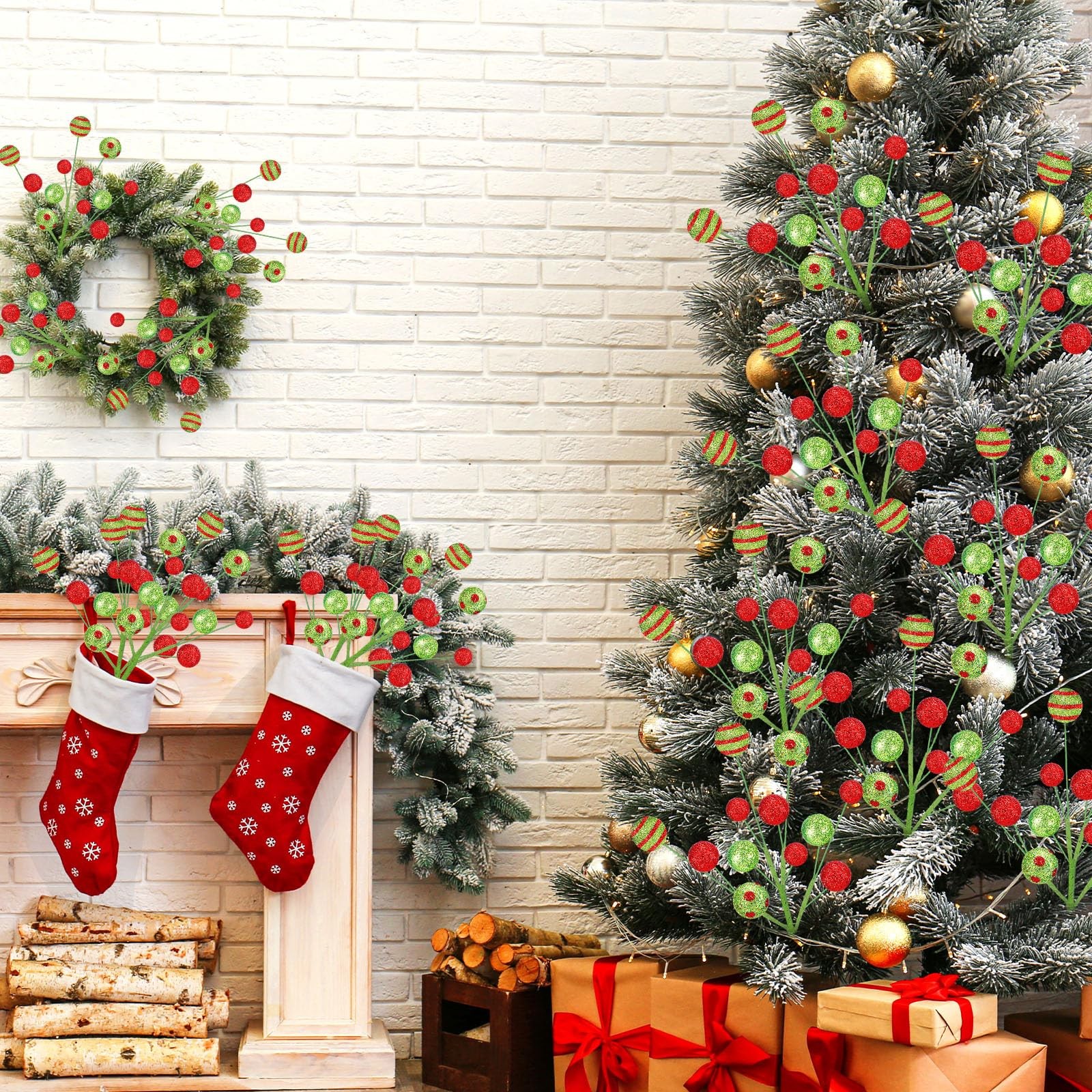 10 PCS 15 Inch Red Green Stripe Polka Dot Candy Christmas Tree Picks Decor