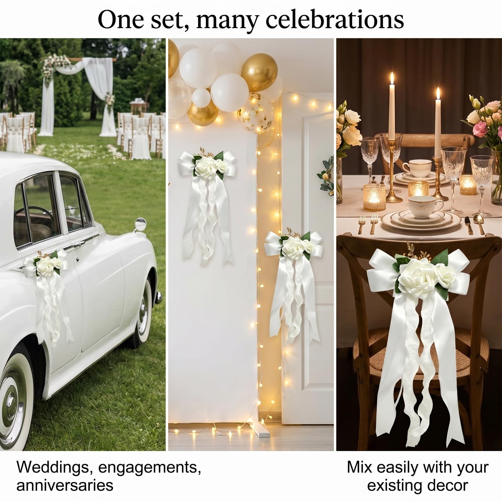 4 PCS Elegant White Artificial Flower Bow Set, Car Decoration for Wedding Doo…