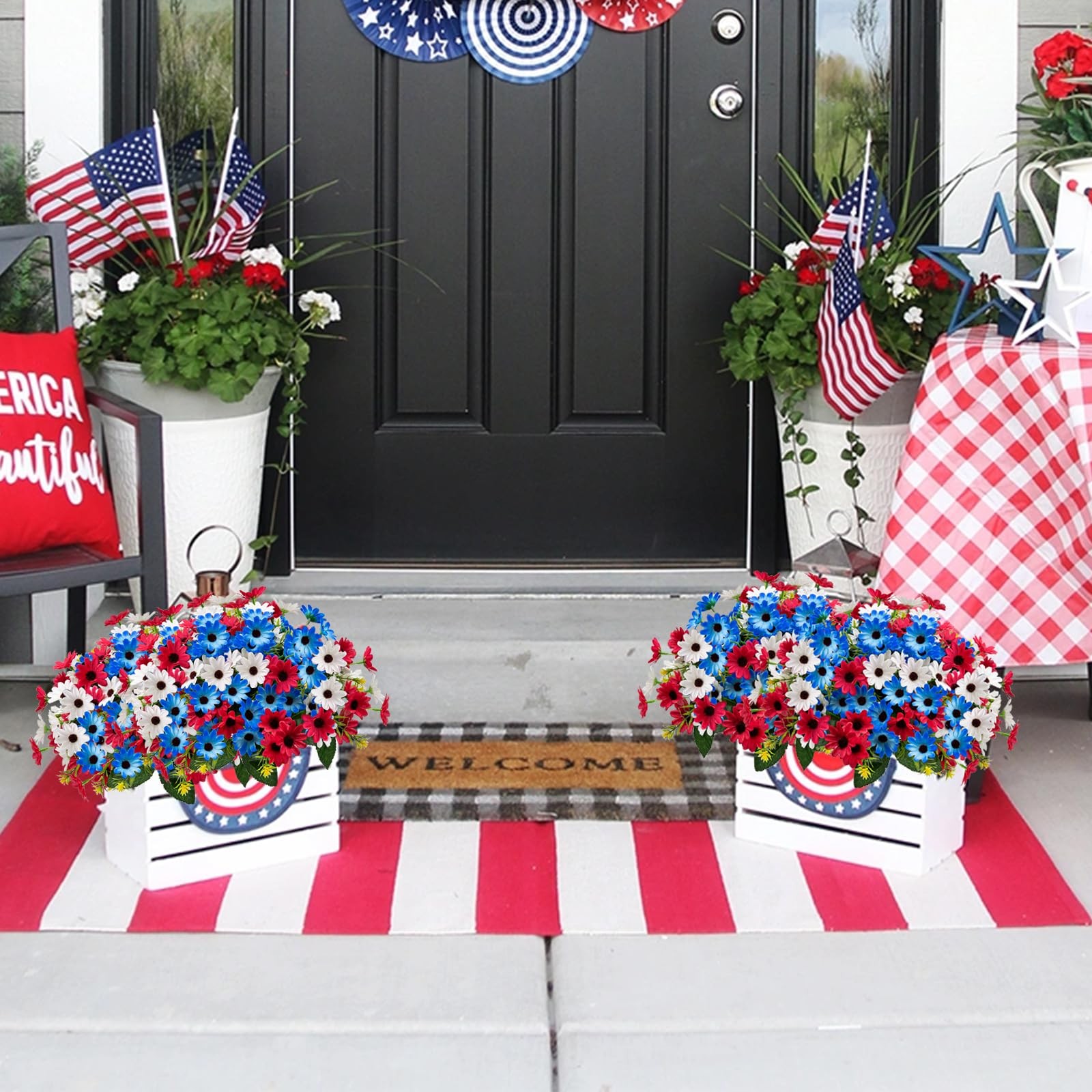 6 Bundles Red White and Blue Flowers, Artificial Daisy Flowers for Outdoor Me…