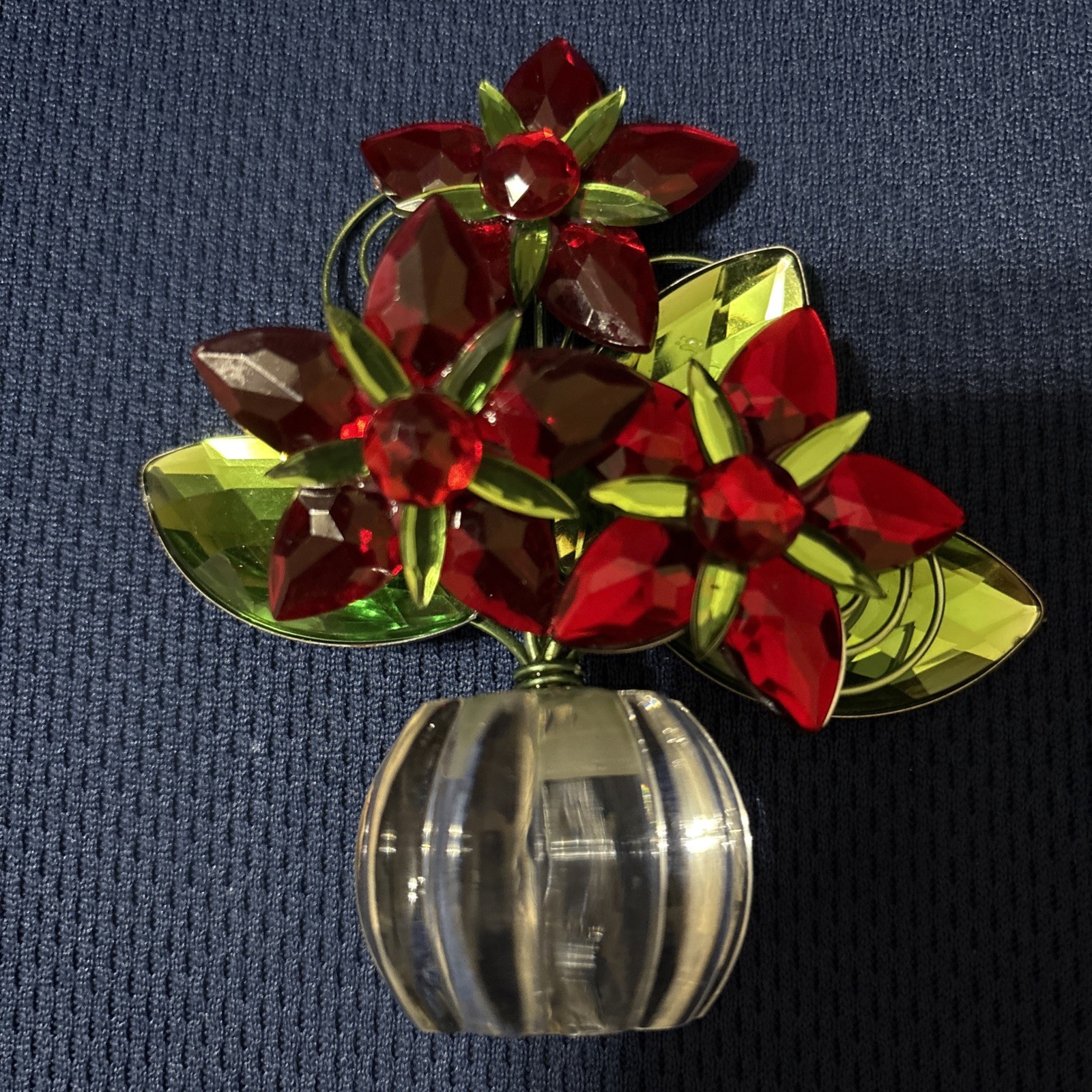 Decorative Hard Plastic Metal Red Flowers & Vase 4″ Tall Sparkly Holiday