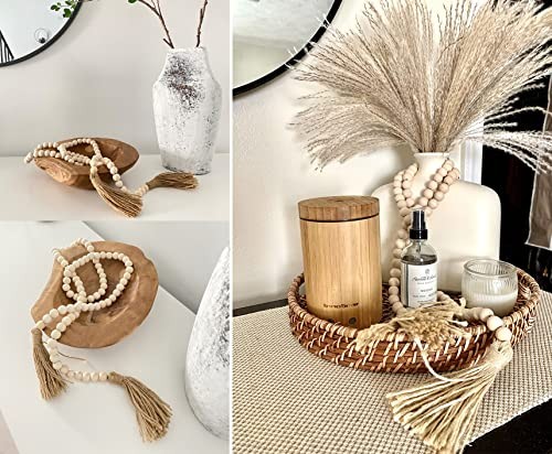 60″ Farmhouse Wood Bead Garland with Tassels Rustic Boho Tiered Tray Decor