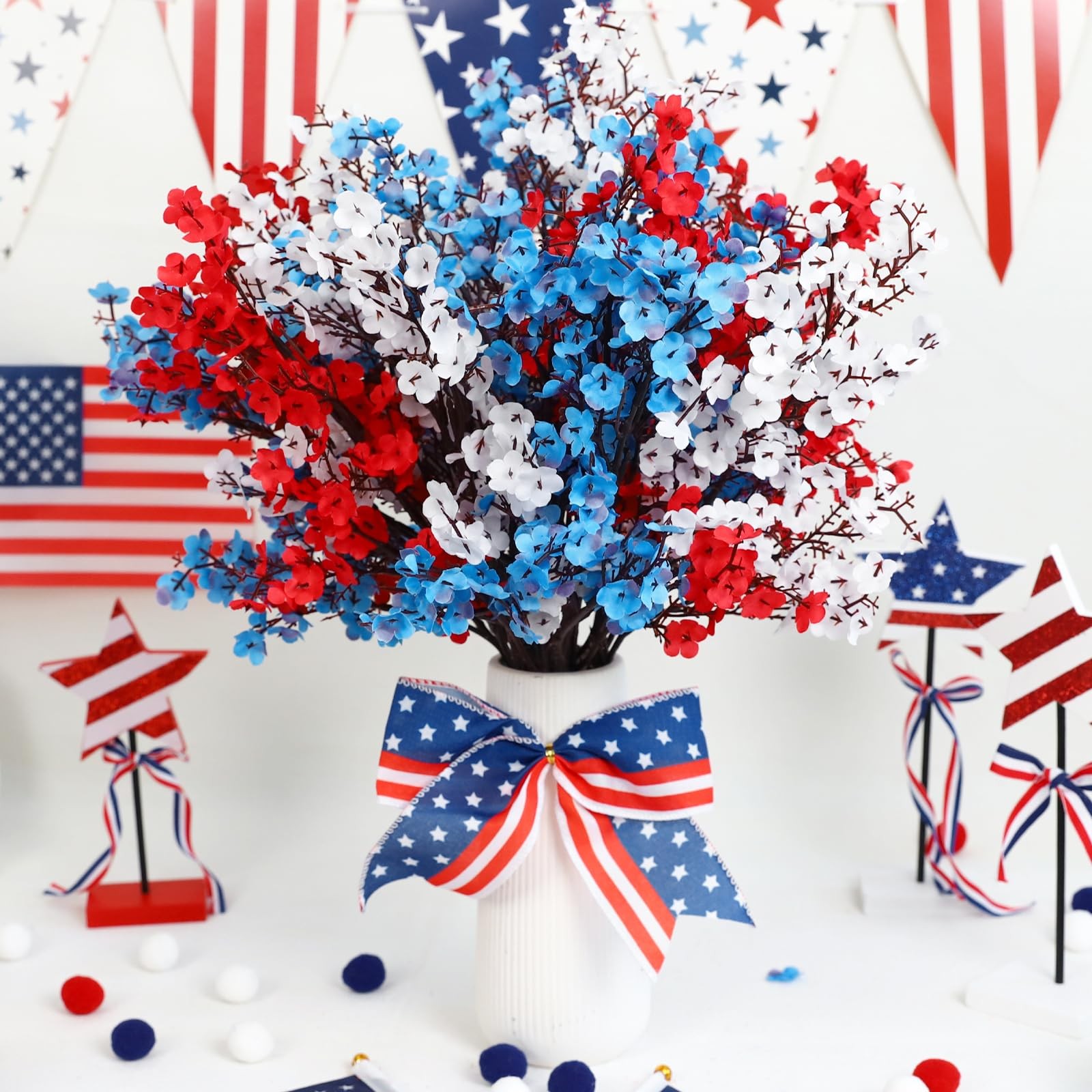 10 Pcs 4th of July Artificial Babys Breath Flowers, 6 Pcs Small Flags, Red Wh…