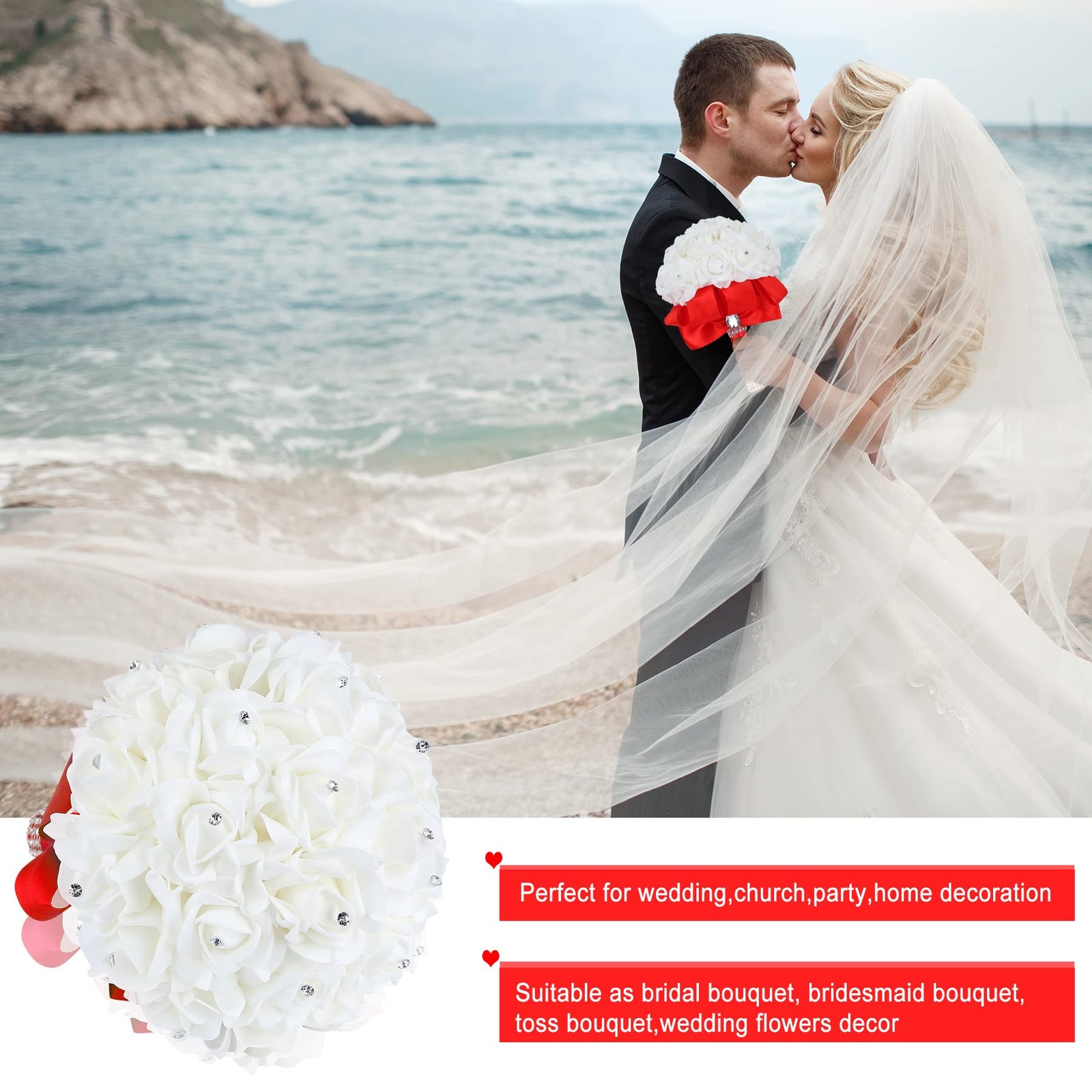 Wedding Bouquet Red Bridesmaid Bridal Crystals Soft Ribbons Artificial Flowers