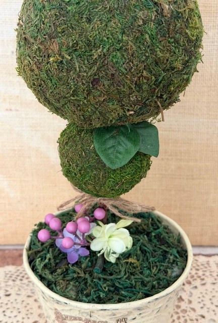 VINTAGE TIN POT TRIPLE MOSS-BALL TOPIARY TREE COTTAGECORE SHABBY CHIC DECOR