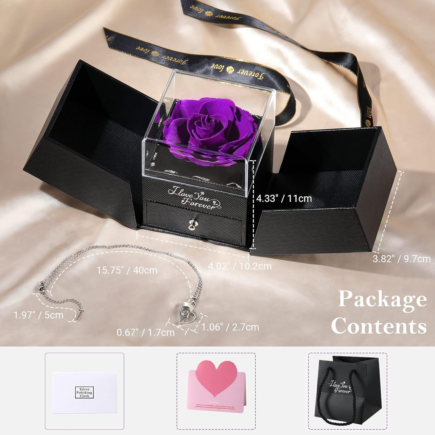Eternal Flower Rose Box with Heart Necklace Preserved Rose Gifts for Women