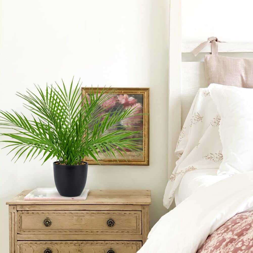 Artificial Palm Plant 15″ Black Pot Realistic Faux Tropical Houseplant