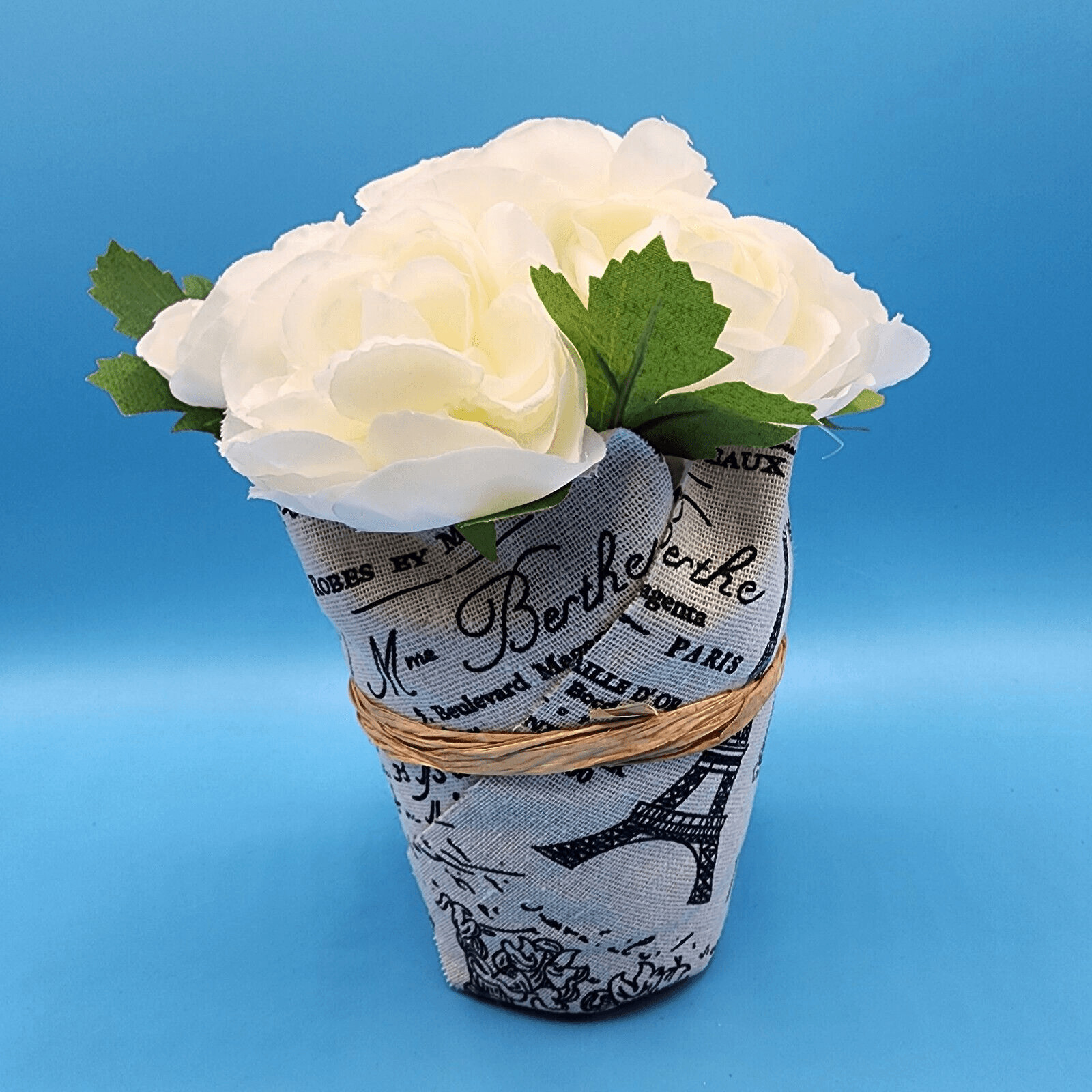 Peony Faux Floral Natural Linen Paris Themed Covered Pot 6 inch French Country