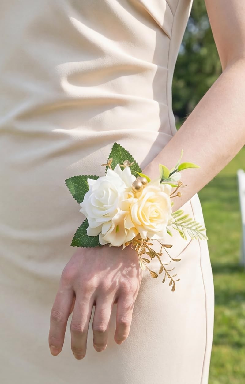 Champagne Corsage and Boutonniere Set for Wedding Prom, Artificial Rose Flowe…
